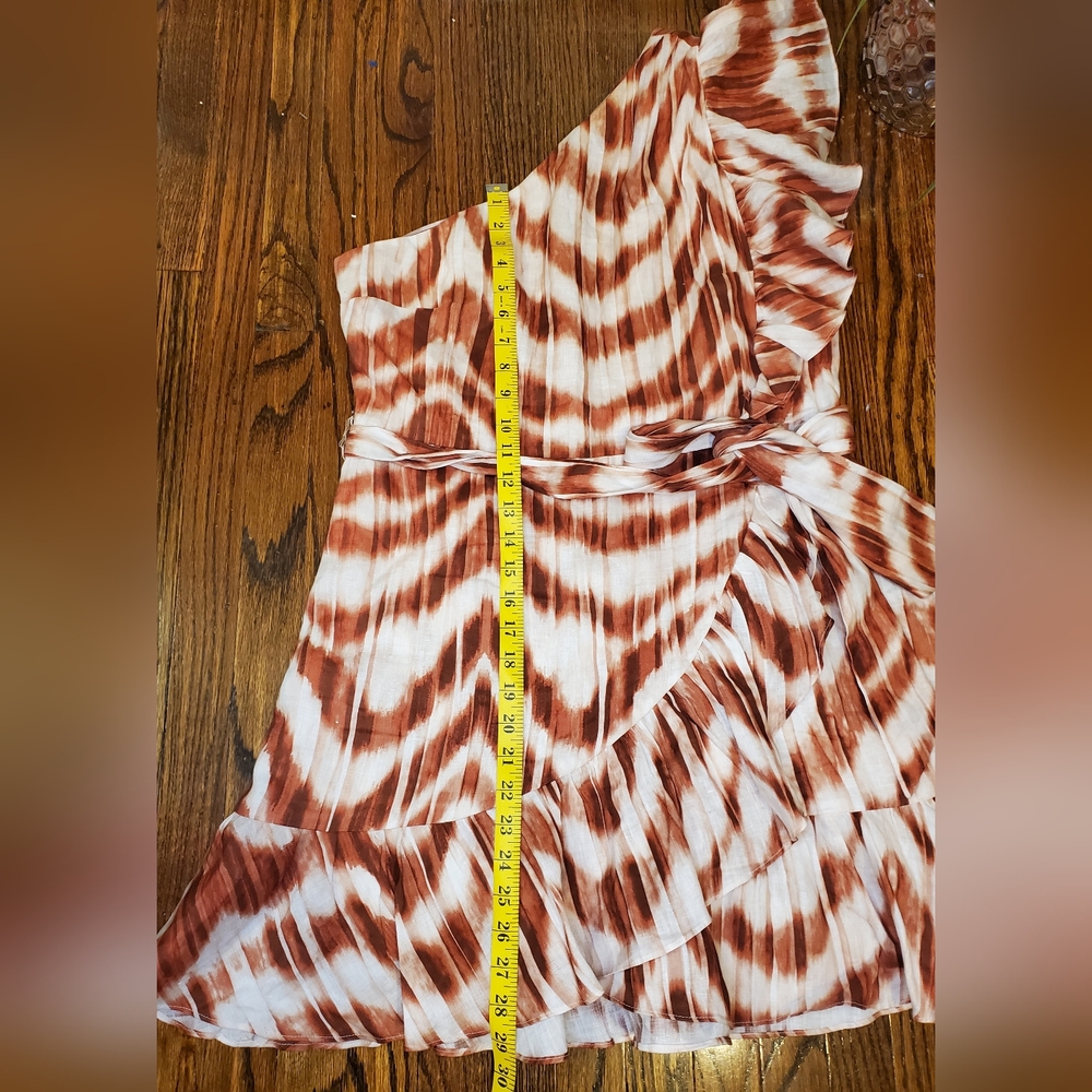 Banana Republic NWOT One-Shoulder Linen Ruffle Brown Patterned Mini Dress - Picture 7 of 11